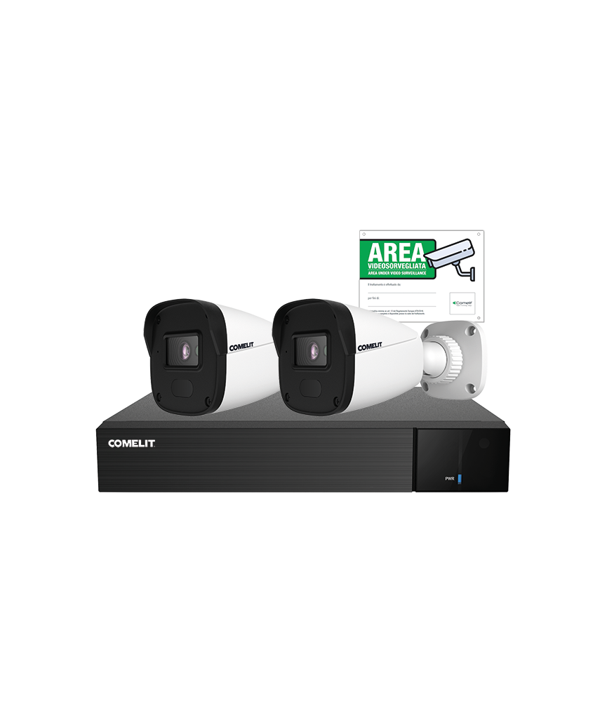 COMELIT - KIT VIDEOSORVEGLIANZA NVR A 4 CANALI E 2 TELECAM. IP BULLET 4MP - IPKIT004N05PA (IPNVR004N06PA + IPBCAMN04F01A)